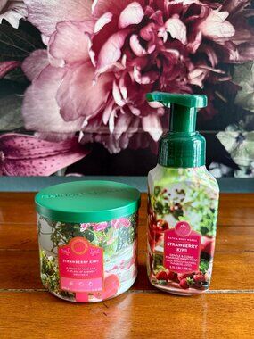 NEW 2-PC STRAWBERRY KIWI 3-Wick Candle & Foaming Hand Soap Bath & Body Works
